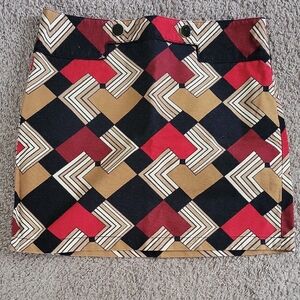 Geometric Patterned Skirt - Red, Black, and Tan